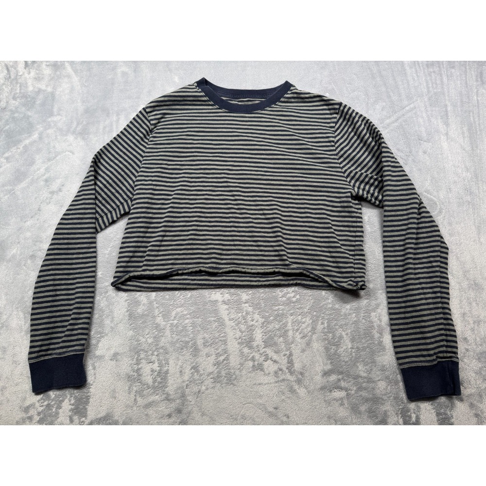 Free Assembly Cropped Top Womens Medium Navy Sage Green Striped Casual Crew Neck